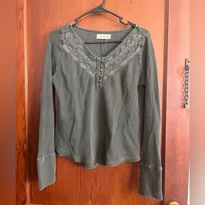 Lucky Brand Charcoal Lace-Accent Long Sleeve Top
